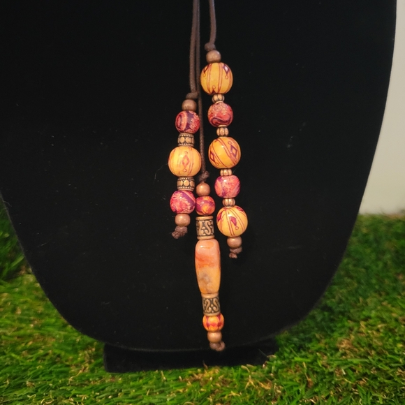 Carnelian & Painted Wood 3 Strand Y Necklace Clasp-Free Handmade Sacral Chakra - Picture 11 of 16